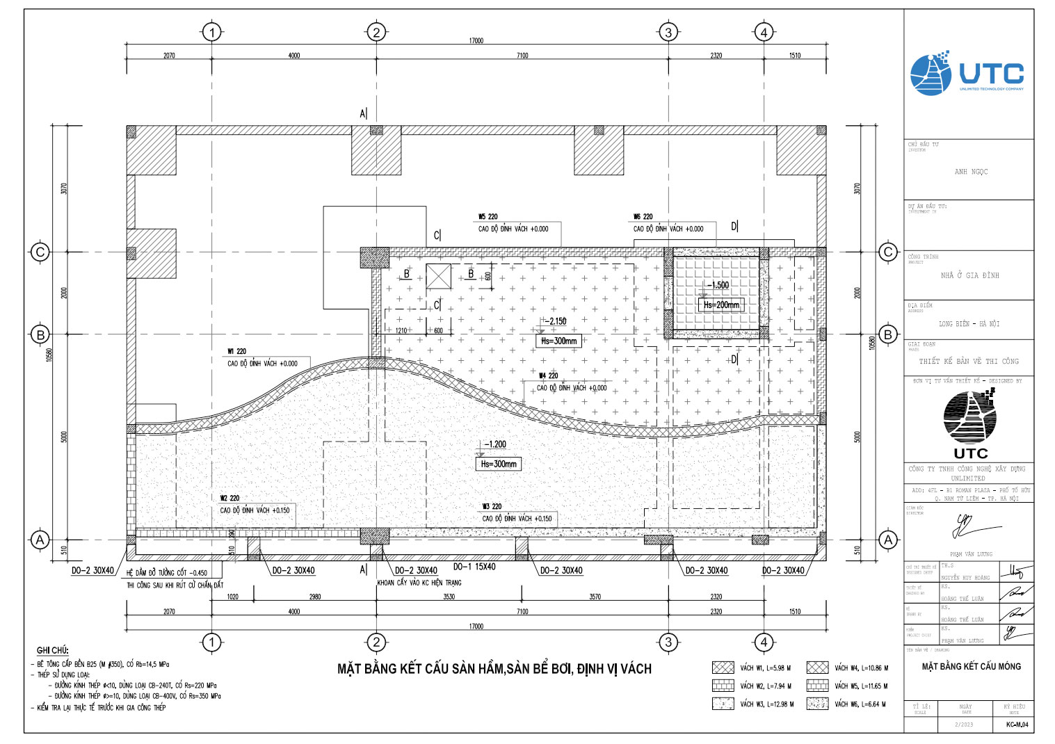 Mặt bằng kết cấu sàn hầm, sàn bể bơi, định vị vách