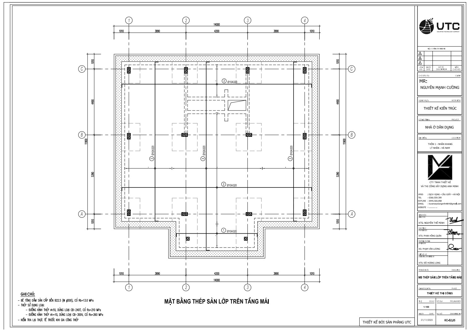 Mặt bằng thép sàn lớp trên tầng mái