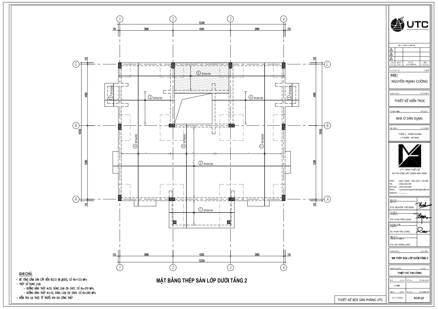 Mặt bằng thép sàn lớp dưới tầng 2