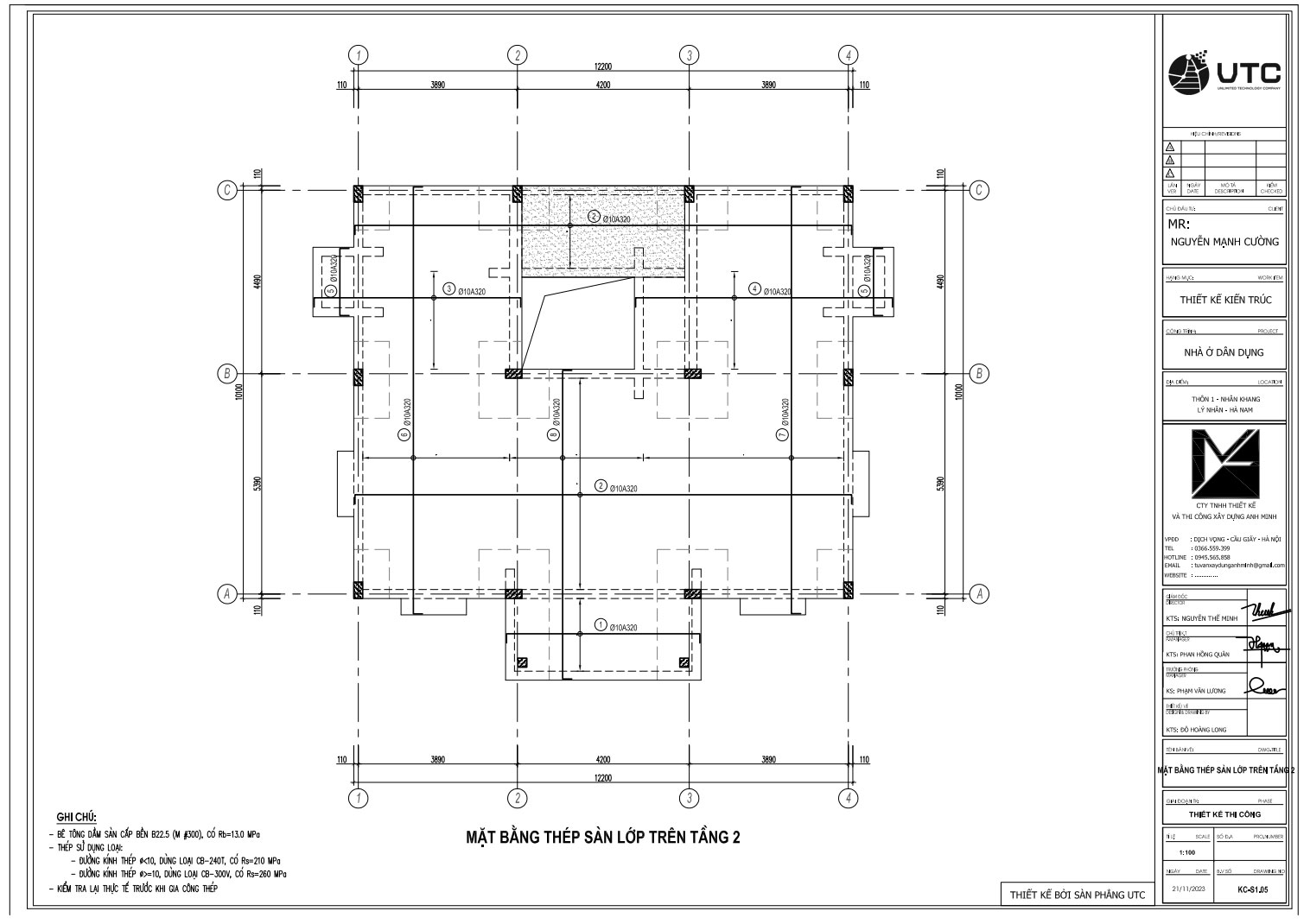 Mặt bằng thép sàn lớp trên tầng 2