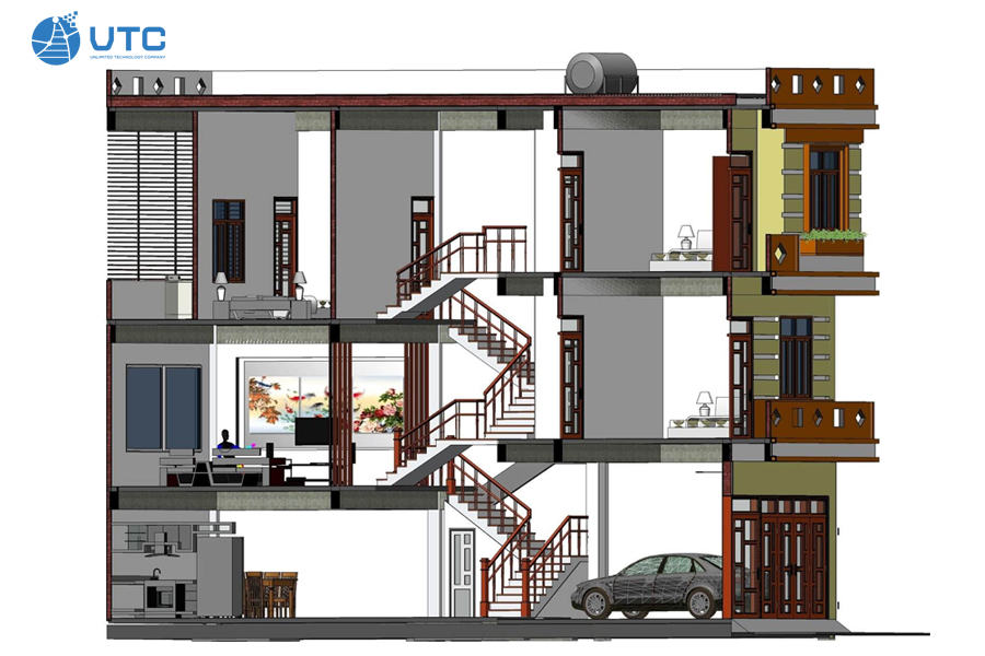 Kiểu nhà lệch tầng 1 - Dạng cầu thang sole